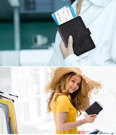 RFID passport wallet with magnetic closure, card slots, and PU leather.