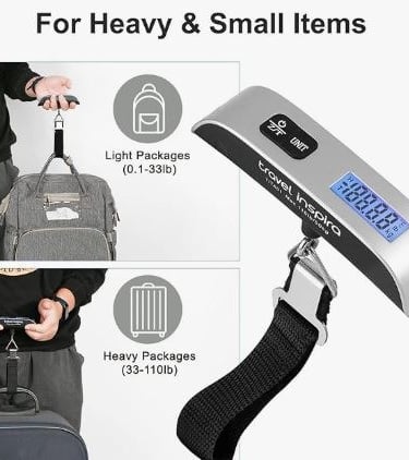 Digital hanging luggage scale for preventing overweight baggage fees.