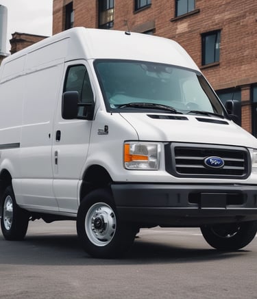 A black truck parked in an industrial area is loaded with large metal cabinets and a roll of white material. The truck's bed is wooden and surrounded by various parked vehicles in a warehouse environment.