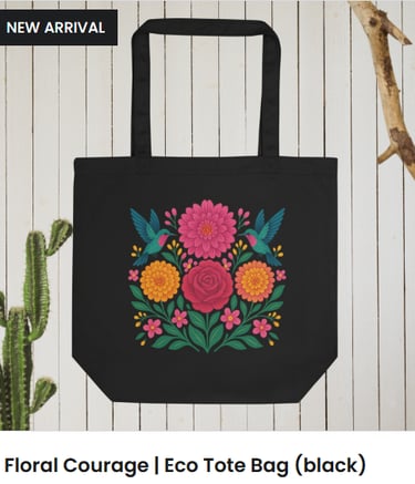 Floral eco tote bag black with pink flowers and hummingbirds