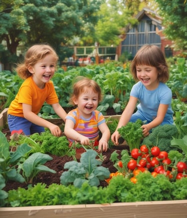 In a well-maintained garden, a variety of green plants and herbs grow in designated plots bordered by concrete edges. A small fountain is at the center, and two people are standing near it, one on each side, smiling. The soil appears rich and well-tended, with different sections showcasing various stages of plant growth.