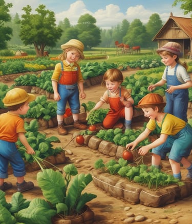 A garden scene featuring a weathered stone pedestal with an ornate design. Leaning against it are three gardening tools, including a shovel and a rake. Next to the pedestal is a green wheelbarrow, partially filled with soil. Behind the setup, lush green foliage creates a dense backdrop, casting a mix of light and shadow on the ground.