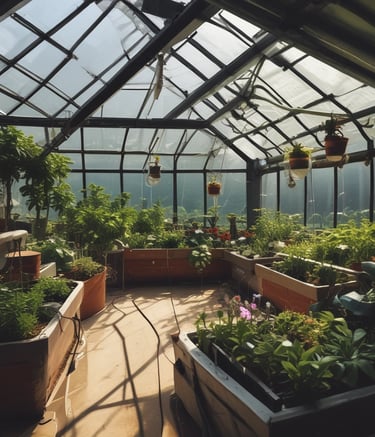 A serene garden setting with multiple greenhouses in the background, surrounded by various plants in raised beds. The sunlight casts a warm glow over the scene, and the garden paths are neatly paved with gravel. Trees and bushes add a sense of lushness, and a small pond is in the foreground reflecting the sky.
