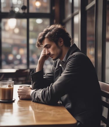 A hopeless romantic man sitting in melancholy at a cafe