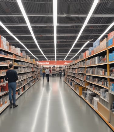 A brick building features multiple windows and a large painted sign advertising a machinery sales company. The sign lists various types of metalworking machinery, including lathes, brakes, milling machines, and more. An external metal staircase runs along the side of the building with some greenery visible at the bottom right.
