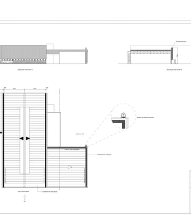 Cobertura metálica: planta, elevações e detalhe de encaixe; identificação de cotas e peças.