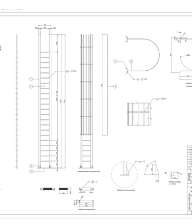 Escada marinheiro metálica com guarda‑corpo: vistas, planta e detalhes de nervura e base.