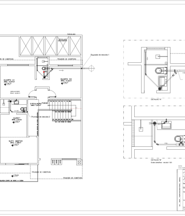 Planta residencial com instalações hidráulicas e sanitárias, pontos de descida e circulação.