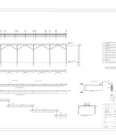 Desenho técnico de estrutura metálica com planta, cortes, soldas típicas e lista de componentes.
