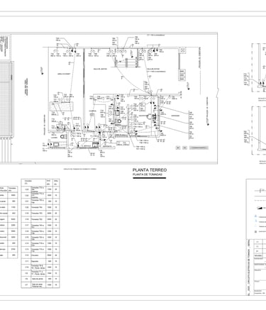 Planta de tomadas do térreo com circuitos, cargas, legenda e detalhes ampliados.