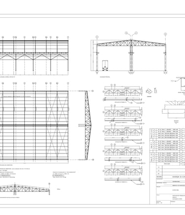 Estrutura metálica treliçada: vistas lateral, frontal e superior, detalhes de montagem e materiais.