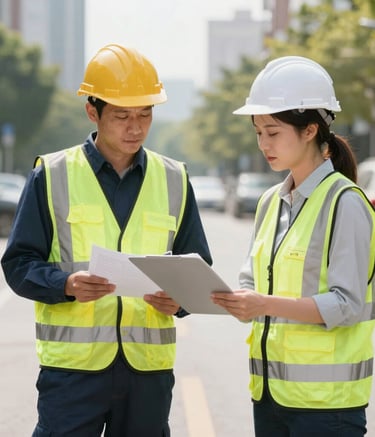 A construction site featuring extensive scaffolding with a bright green and orange barrier labeled 'Poort 4'. Two construction workers, one in overalls and the other wearing a helmet, sit on concrete blocks behind a fence. A blue truck is partially visible in the background.