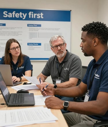 A chain-link fence with two signs attached stands along a sidewalk. The left sign features a red circular logo with text indicating a construction safety team. The right sign displays the name and information of a general contractor. Behind the fence, there is a grassy area with bushes and trees, and an industrial area with buildings in the background under a clear blue sky.