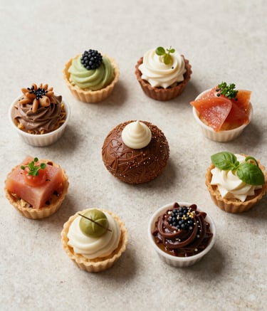 An overhead minimalist shot of artisanal halal appetizers and fresh ingredients on a light stone surface. Sharp focus, high-end culinary photography style, no people, emphasizing cleanliness and premium quality, Global Halal Market.