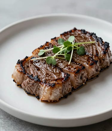 A premium, close-up photograph of a gourmet halal wagyu steak dish with microgreens, presented on a minimalist white ceramic plate. Natural soft lighting, clean composition, Global Halal Market aesthetic, utilizing a palette of light gray and near black.