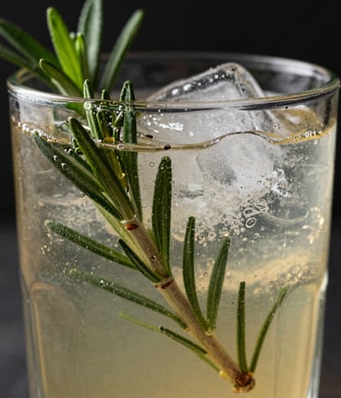 A sophisticated close-up of a non-alcoholic botanical drink in a heavy glass with ice and fresh herbs. Moody, premium lighting against a near black background, reflecting a professional and confident brand tone, Global Halal Market.