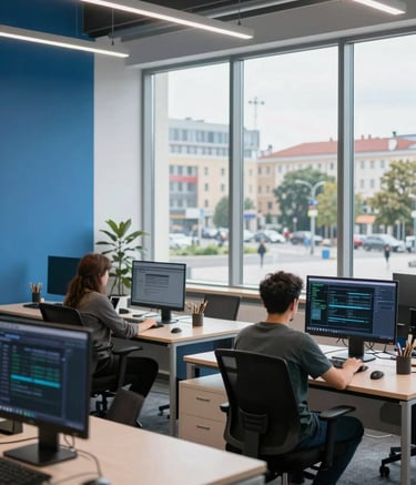 Modern software development studio in Ukraine with large windows overlooking a city square. The interior has clean lines, slate blue and pale steel blue accents, and a professional yet approachable tech company atmosphere.