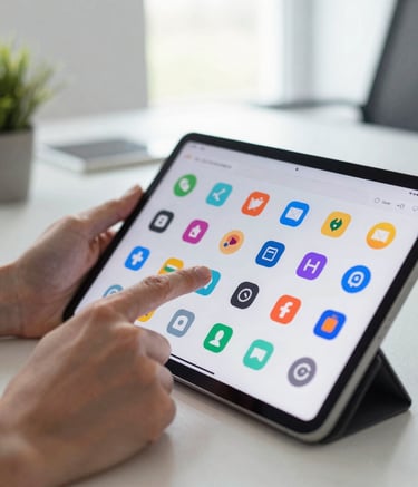 Close-up of hands navigating a sleek Android tablet interface with vibrant, user-friendly icons. Bright, natural light from a window in an Eastern European / Ukrainian modern office setting. Professional and clean photography style.