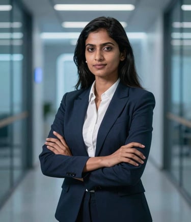 Medium shot of a confident South Asian / Indian professional woman in modern business attire standing in a futuristic, tech-oriented office corridor with soft light blue and dark blue lighting accents. The style is premium and corporate, conveying leadership and expertise in the IT consulting industry.