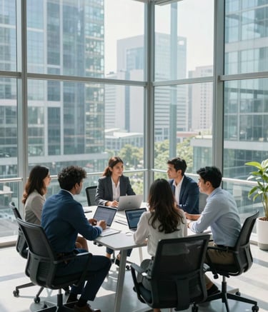 A high-angle professional shot of a modern glass-walled conference room in a South Asian / Indian metropolitan business hub. A group of professional IT consultants are engaged in a collaborative discussion around a sleek table. Bright, natural lighting with a tech-forward atmosphere, featuring cool blue tones and clean minimalist design.