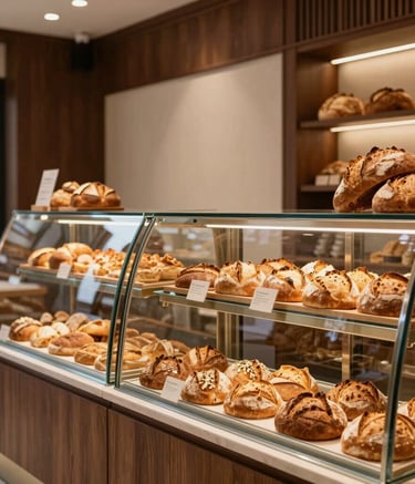 An interior shot of a modern and elegant Brazilian bakery storefront with clean glass displays showcasing golden-brown artisanal breads. The background features dark brown wooden accents and cream-colored walls, creating a trustworthy and high-end environment.
