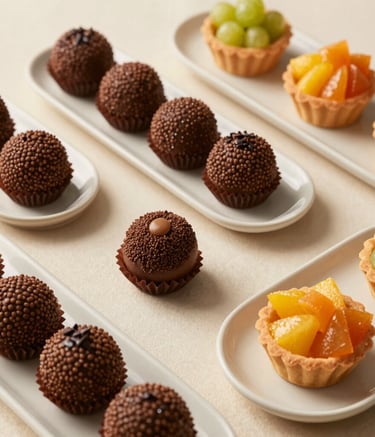 A high-angle professional food photograph of a variety of Brazilian confectionery items, like brigadeiros and fruit tarts, arranged elegantly on cream ceramic platters. The style is clean and appetizing with soft shadows and warm lighting.