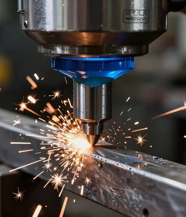 Close-up action shot of a milling tool carved into steel, sparks flying against a dark background, Blue coolant liquid, industrial precision, European / Spanish context, sharp focus.