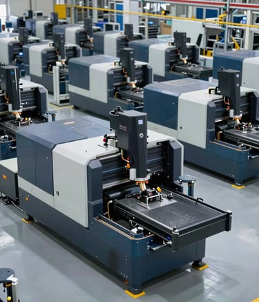 A wide-angle photography of a modern automated factory floor in Spain, rows of CNC machines in Grayish Blue and Black, professional bright workspace, high-tech engineering atmosphere.