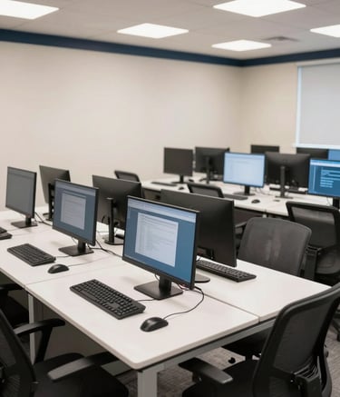 A wide-angle interior shot of a professional computer training lab in a US city. The desks are clean and modern with ergonomic chairs. High-performance desktop computers with dual-monitor setups are arranged in organized rows. The lighting is bright and clean, with the room featuring off-white walls and dark navy trim.