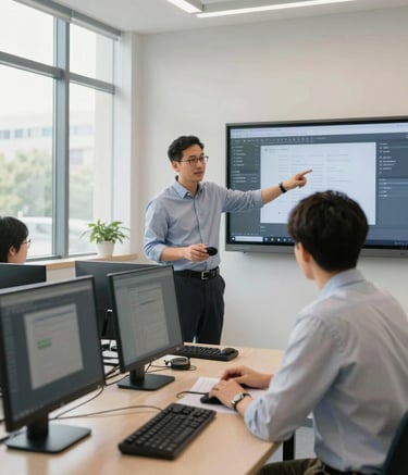 A bright, modern computer classroom in a North American institute. A professional instructor in business casual attire is standing beside a student, pointing at a screen showing high-end software. The atmosphere is professional and encouraging, with natural light coming from large windows.