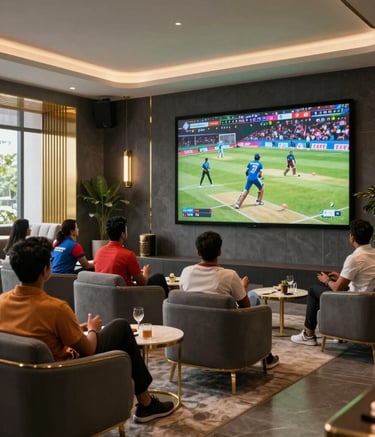 A sophisticated lifestyle photograph of a luxury sports lounge in a high-rise in India. The space features dark grey walls and gold accents. A group of trendy professionals are watching a cricket match on a large, high-definition screen. The atmosphere is vibrant, high-performance, and exclusive.