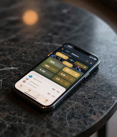 A high-angle macro photograph of a sleek, black smartphone resting on a dark marble tabletop in a modern South Asian interior. The screen displays a professional sports betting interface with live cricket odds in gold and off-white. The lighting is low and cinematic, with soft yellow reflections.