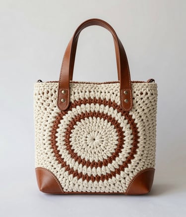 Close-up of artisan hands delicately crocheting a pastel khaki bag in a warm, sunlit workspace.
