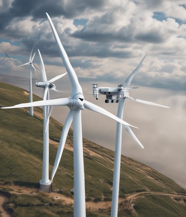 Drone hovering near a wind turbine blade for detailed inspection.