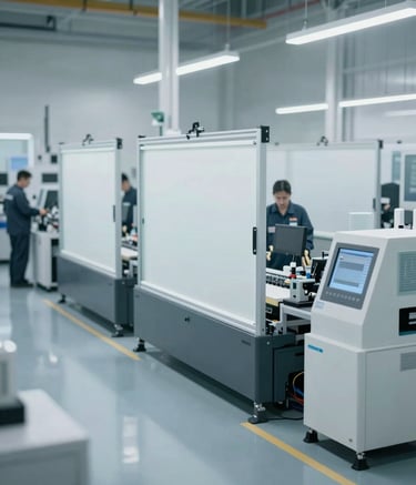 An wide-angle shot of a modern manufacturing facility for polyurethane screens. Skilled technicians are visible near advanced machinery. The atmosphere is clean and professional, using a color palette of #5B7B7C and #A3B5B5 for a high-tech feel.