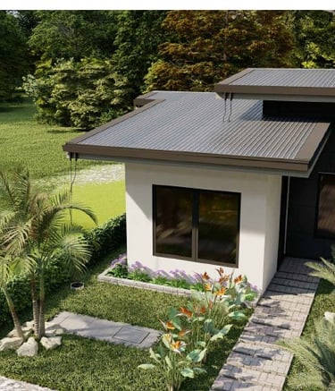 Diseño de casa pequeña moderna con techo plano, revestimiento exterior blanco y oscuro y paisajismo 