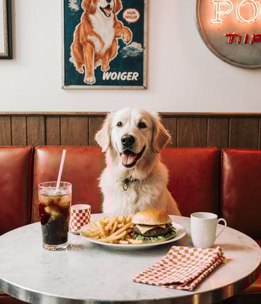 a dog sitting at a table with a plate of food