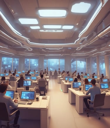 A group of people are seated in a modern classroom or lecture hall setting. Most are using laptops, indicating a possible workshop or educational session. The room has a tiered seating arrangement with a white interior and large windows at the back. There are projectors mounted on the ceiling.