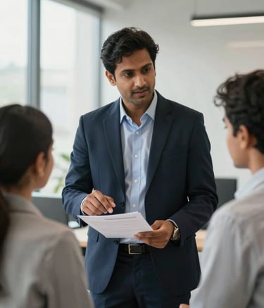 A medium shot of a professional South Asian / Indian insurance consultant in a modern, brightly lit office, explaining a document to a young couple. The atmosphere is trustworthy and expert, with soft natural light. Subtle accents of dark blue and light gray are present in the professional attire and office decor.
