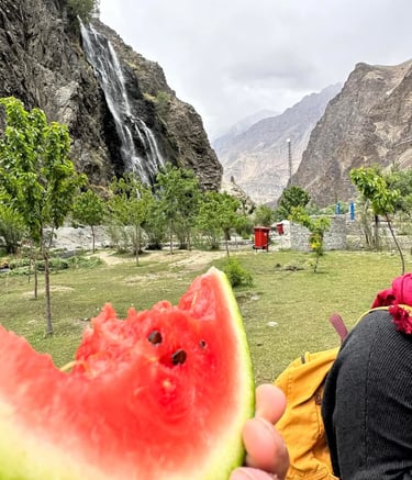 watermellon infront of Manthoka waterfall Skardu