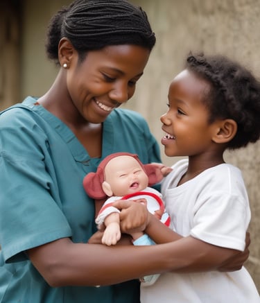 A group of children is gathered in an open area with an expansive blue sky above them. The children are dressed in various layers of clothing, suggesting cooler weather. Behind them, there are low, makeshift mud-brick structures, indicating a rural or underdeveloped setting. Some children are standing, while others are seated on the ground, possibly engaged in an activity.