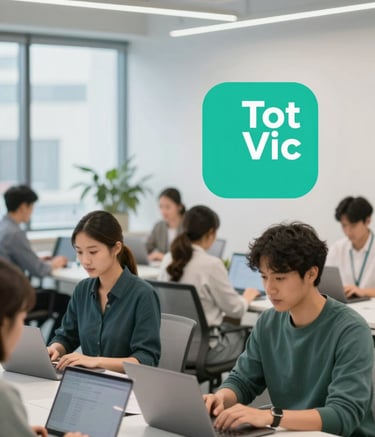 A collaborative office space in Vic where young professionals work on laptops, featuring a clean and modern design with teal (#6C9A8B) and white elements, reflecting the tech-local hybrid style of Tot Vic.