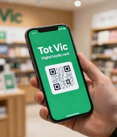 A close-up of a smartphone screen displaying the Tot Vic digital loyalty card with a QR code, held by a person in a brightly lit, modern shop in Vic. The shop has warm wooden textures and subtle green accents (#4A7C59).