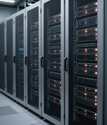 A detailed photography shot of a high-tech data center with sleek metallic silver server racks, charcoal gray floors, and subtle copper orange status lights, conveying precision and reliability in a professional setting.