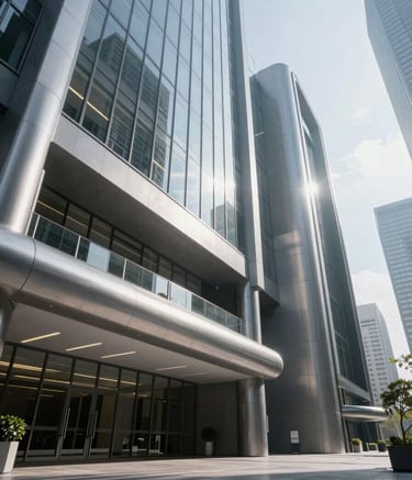A wide-angle professional photograph of a futuristic corporate lobby in a global city, featuring metallic silver and charcoal gray architectural elements, bright natural lighting through glass walls, and a clean, high-tech atmosphere.