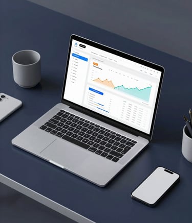 A top-down view of a minimalist, technologically advanced workstation. A sleek laptop displays financial compliance dashboards with clean data visualizations. The desk is a dark navy #1A202C, contrasted with light gray #A0AEC0 office supplies. Sharp, professional, and modern lighting.