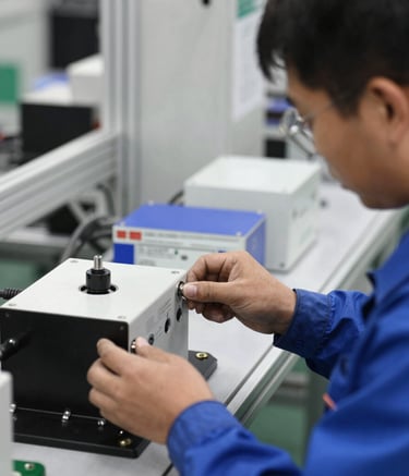 Close-up of IT networking hardware being tested by a technician.