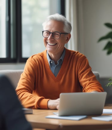 A confident smile on a man sitting at an office table with laptop