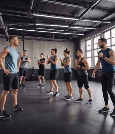 A fitness coach guiding a client through an exercise.