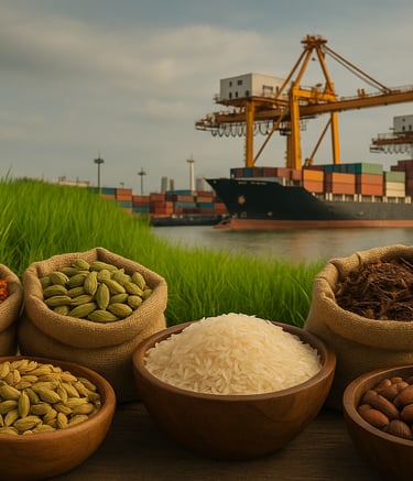 Cargo containers being loaded at an Asian port, representing global shipping and export logistics for agro raw materials.